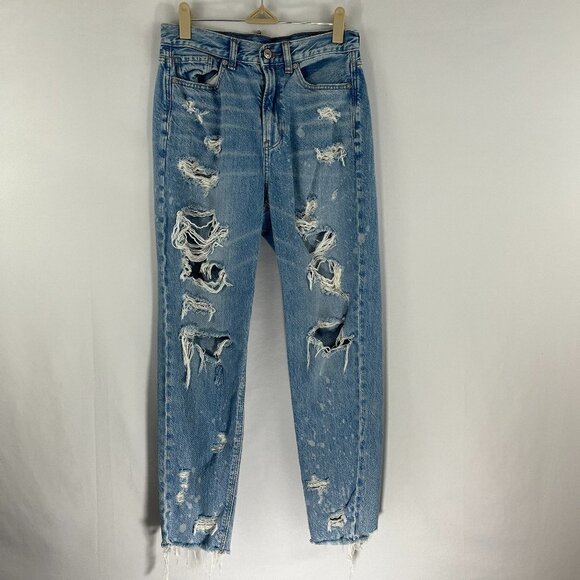 American Eagle Womens High Rise Mom Jeans Sz 2 Light Wash Distressed Bleached - Picture 1 of 14